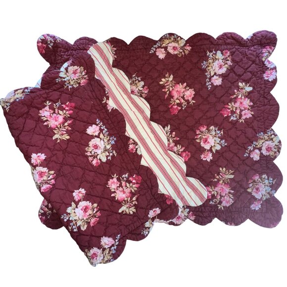 The Company Store VTG Quilted Pillow Shams BRG Floral & Stripes Scallop Edges - Picture 3 of 9